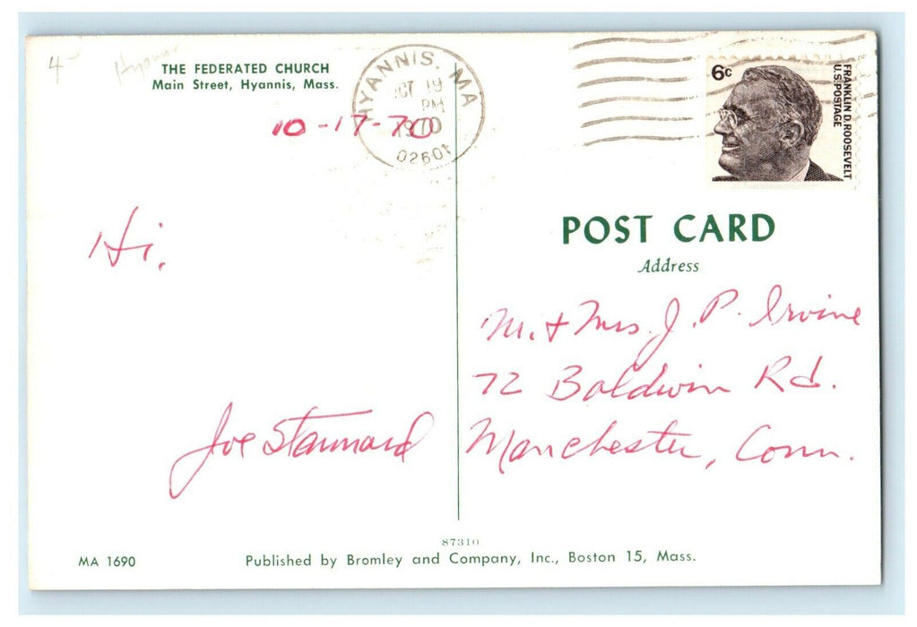 c1970 Vintage Cars at The Federated Church, Hyannis Massachusetts MA Postcard