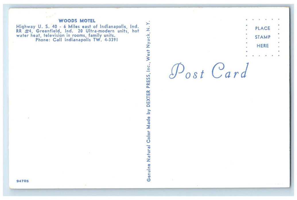 c1950's Woods Motel Sign Cars Indianapolis Indiana IN Unposted Vintage Postcard