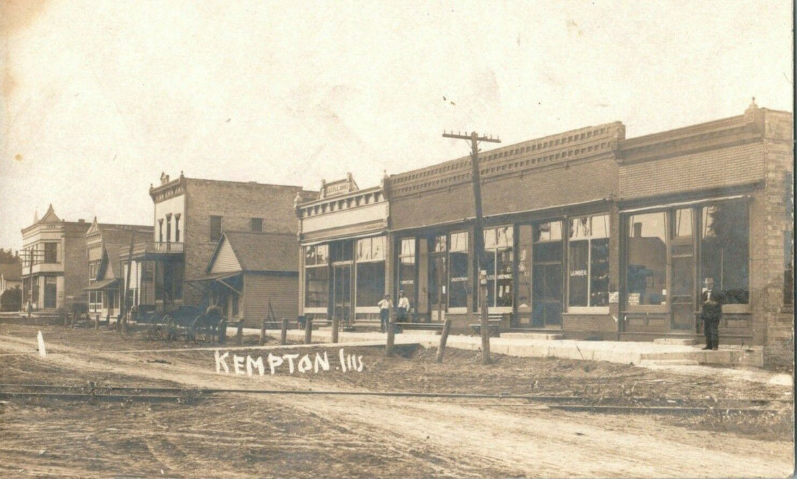 c1910 Kempton Illinois Downtown Shops Carriage Hitch RPPC Photo Antique Postcard