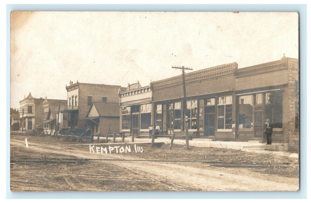 c1910 Kempton Illinois Downtown Shops Carriage Hitch RPPC Photo Antique Postcard