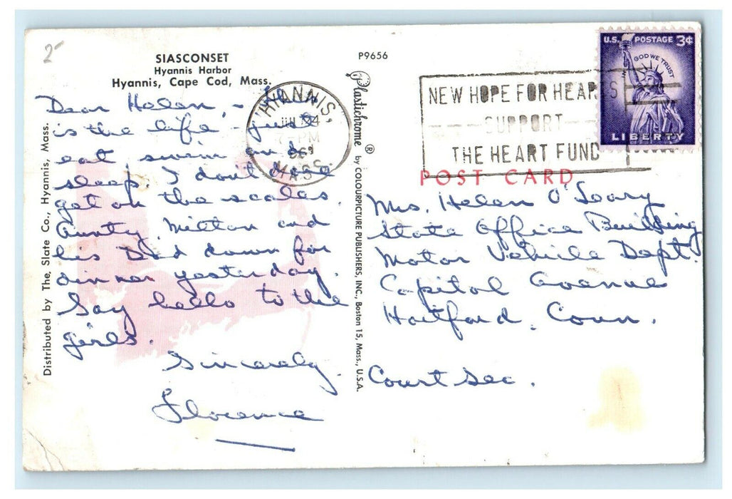 c1935 Siasconset Hyannis Harbor, Hyannis Massachusetts MA Cancel Postcard