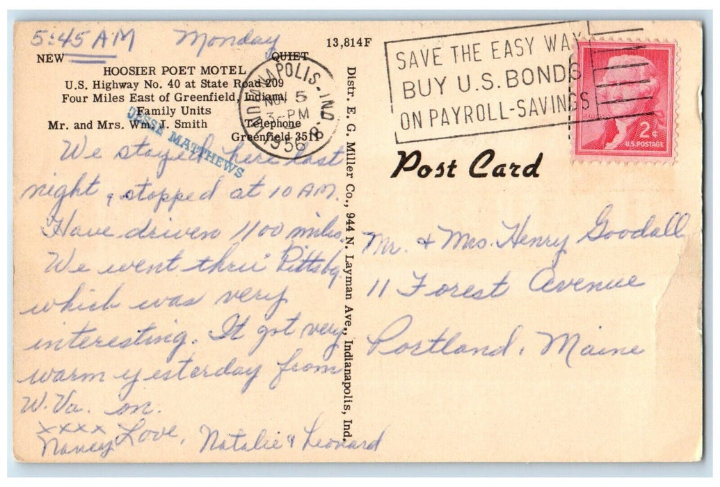 1956 Hoosier Poet Motel Cars Front Greenfield Indiana IN Posted Vintage Postcard