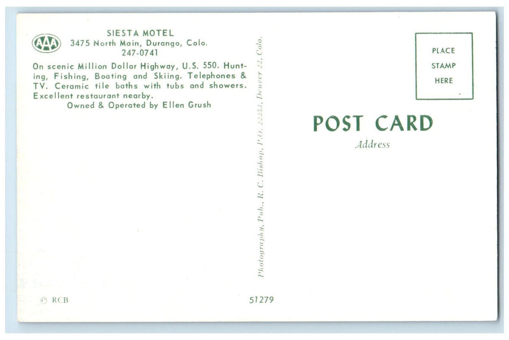 c1960's Siesta Motel 3475 N. Main on Million Dollar Highway Durango CO Postcard