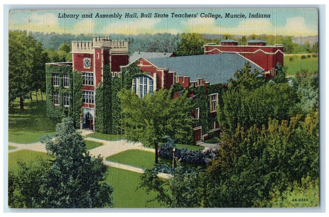 1949 Library And Assembly Hall Ball State Teacher's College Muncie IN Postcard