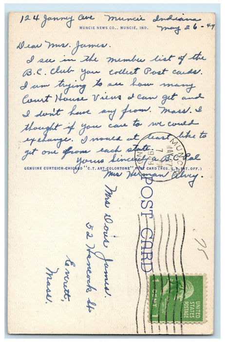 1949 Library And Assembly Hall Ball State Teacher's College Muncie IN Postcard