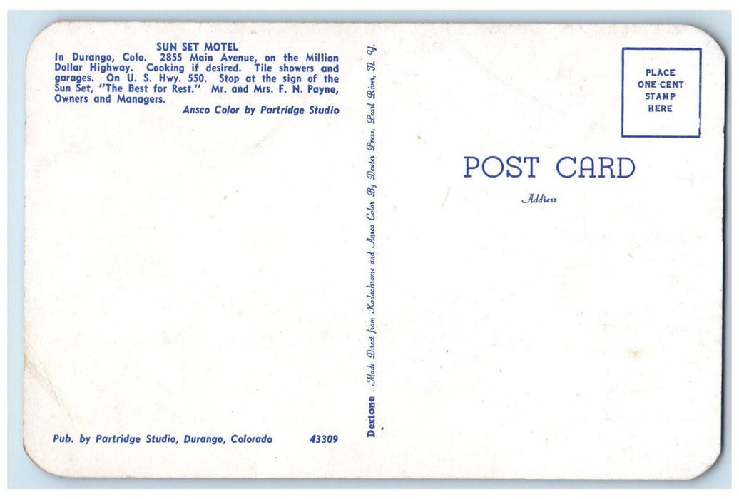 c1970's Sun Set Motel Main Ave. on Million Dollar Highway Durango CO Postcard