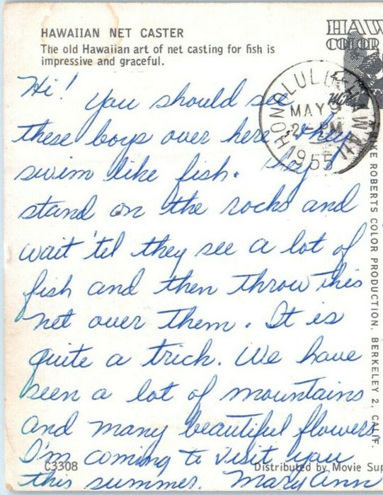 1955 Hawaiian Net Caster Art Net Casting For Fish Honolulu Hawaii HI Postcard