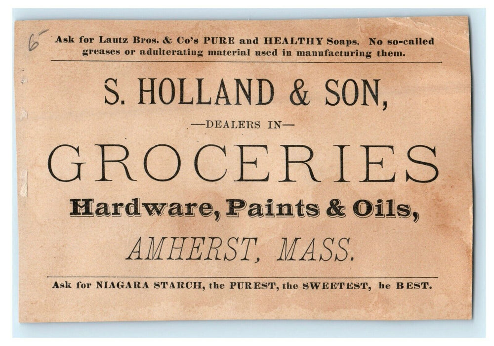 Niagara Corn Starch Holland & Son Groceries Amherst MA Advertising Trade Card