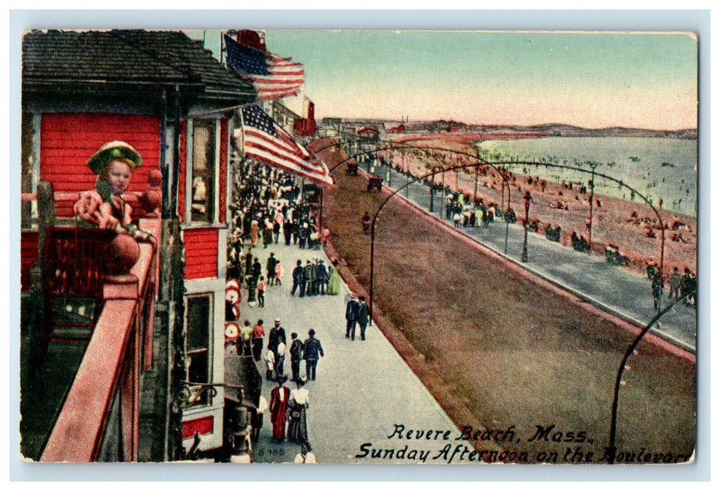 c1910 Sunday Afternoon on Boulevard Revere Beach Massachusetts MA Postcard