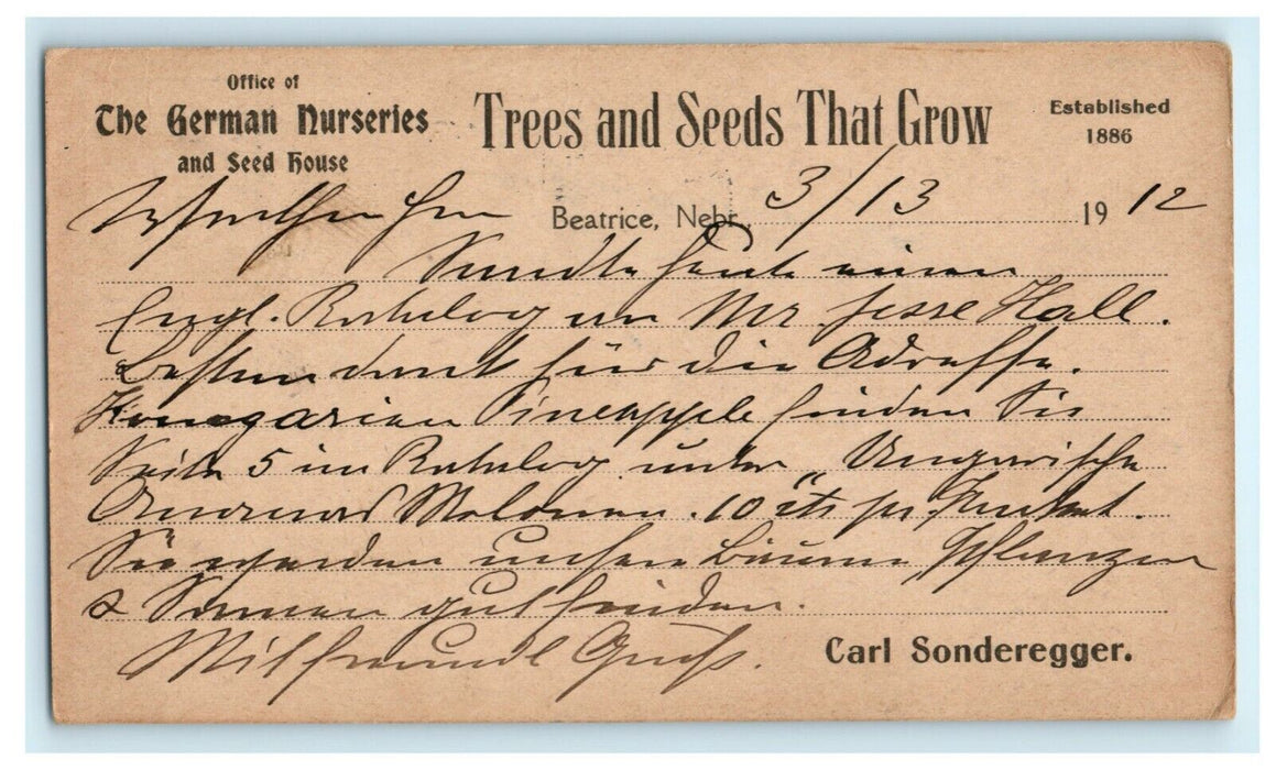 Beatrice NE Sonderegger German Nurseries Seed Advertising 1912 Antique Postcard