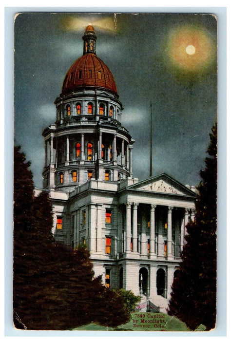 Night View At Capitol Building By Moonlight Denver Colorado CO Antique Postcard