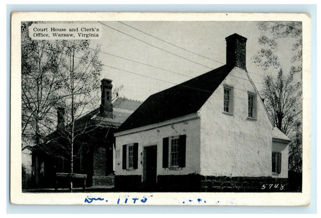 c1920's Court House and Clerk's Office Warsaw Virginia VA Unposted Postcard