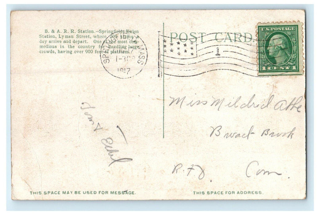 1917 B & A.R.R. Station, Springfield Massachusetts MA Antique Posted Postcard