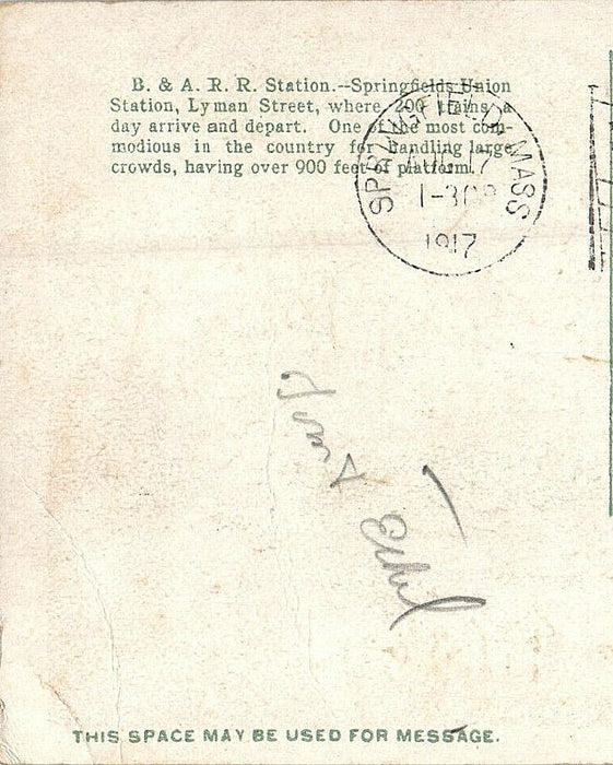 1917 B & A.R.R. Station, Springfield Massachusetts MA Antique Posted Postcard