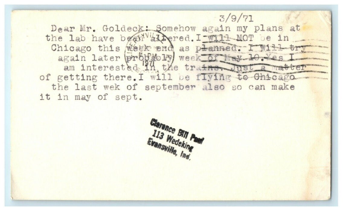 1971 Train Request Doctor Lab Evansville Indiana IN Lake Zurich IL Postcard
