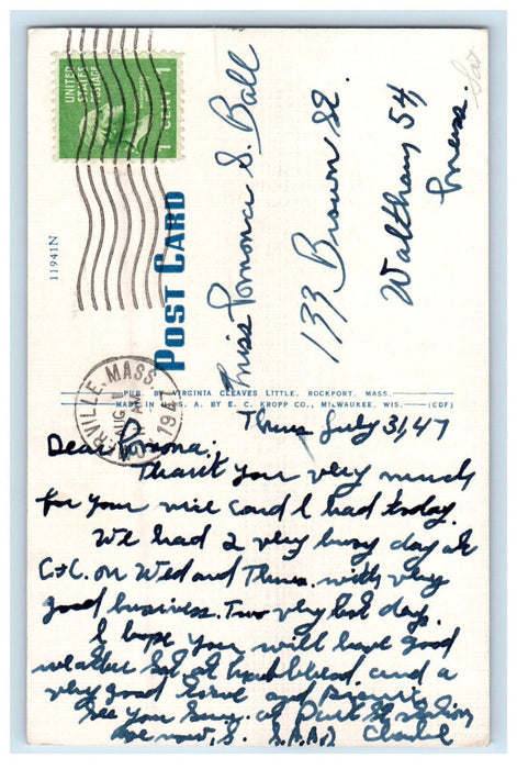 1947 High Tide at Motif No. 1 Rockport Massachusetts MA Posted Postcard