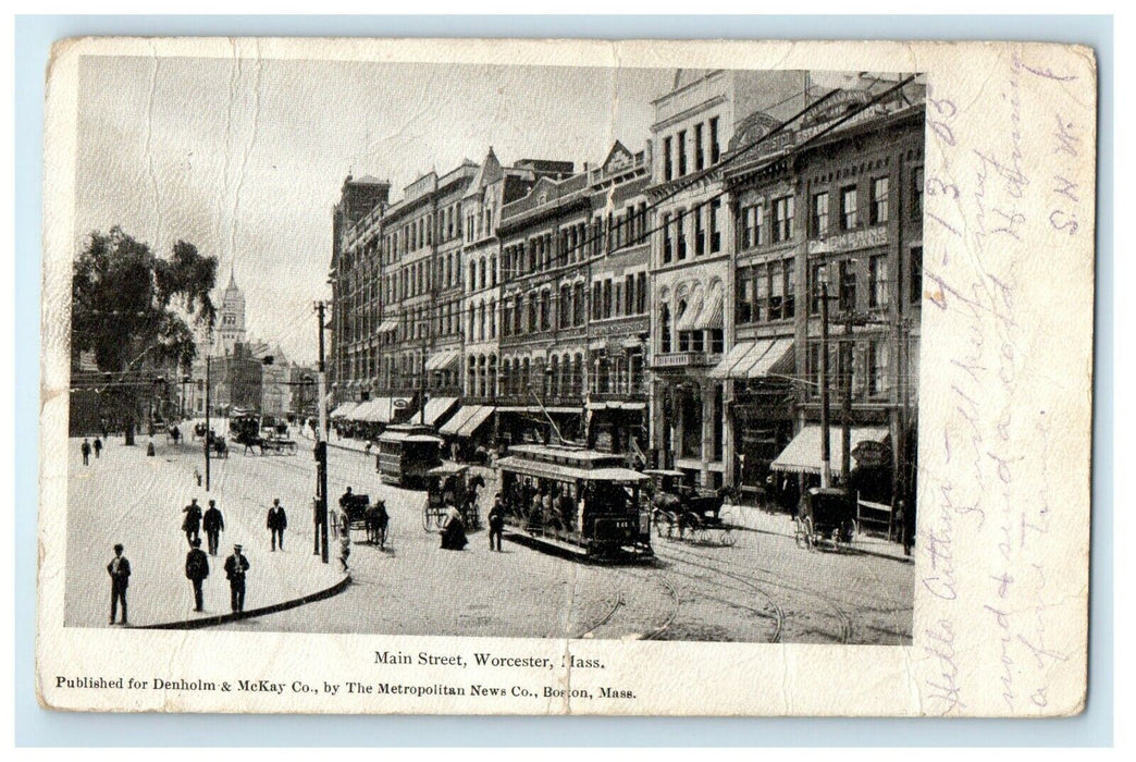 1905 Main Street View Trolley Train Worcester Massachusetts MA Antique Postcard