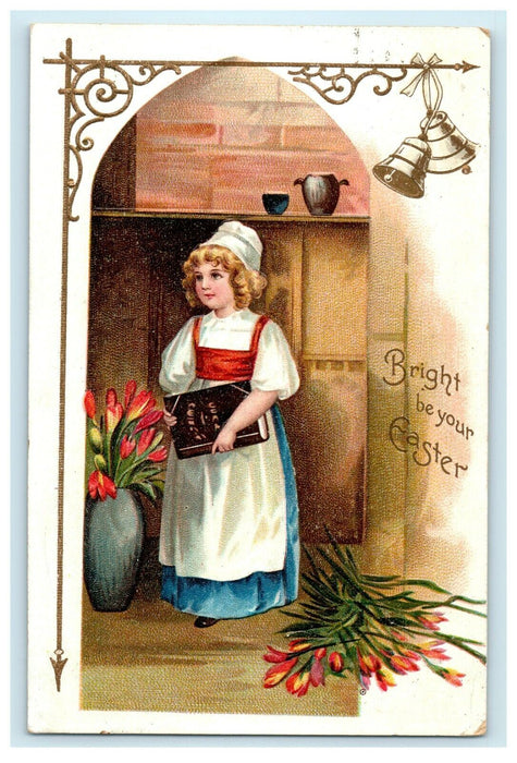 1909 Easter Lady Maid Holding Book Flowers Clapsaddle (?) Embossed Postcard
