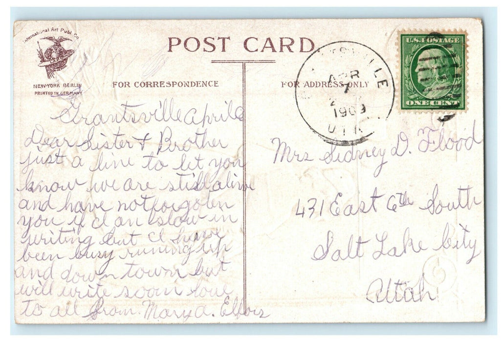 1909 Easter Lady Maid Holding Book Flowers Clapsaddle (?) Embossed Postcard