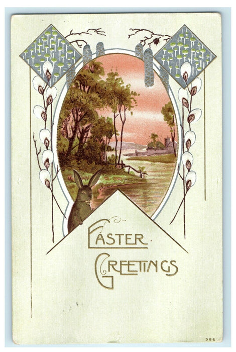 1910 Easter Greetings Brown Rabbit Art Nouveau Embossed Antique Postcard