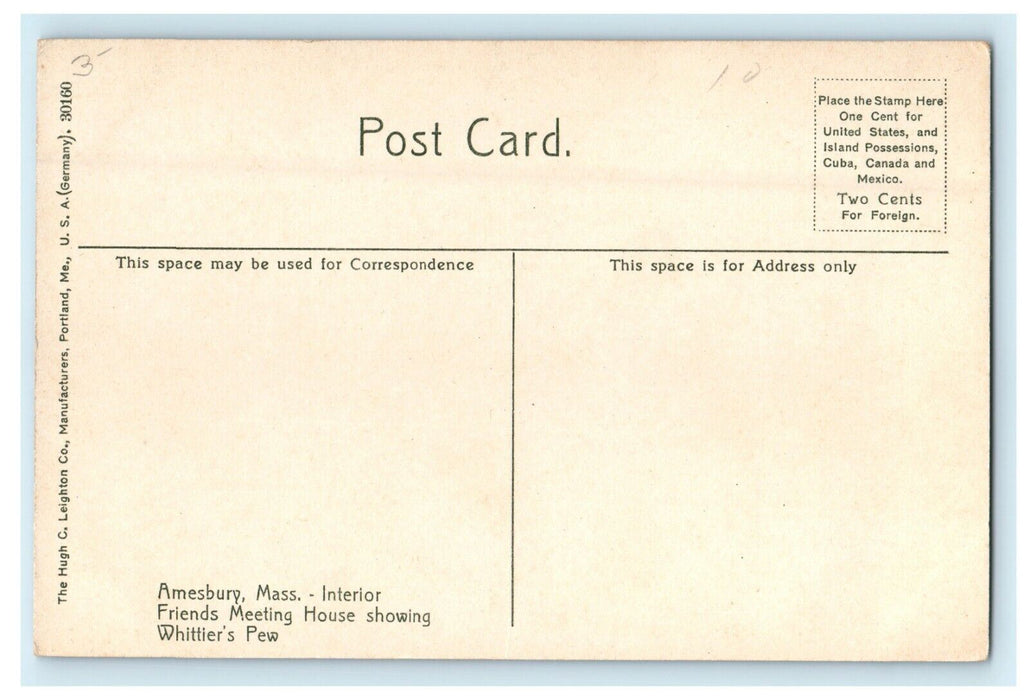 Amesbury Massachusetts Interior Friends Meeting House Whittier's Pew MA Postcard
