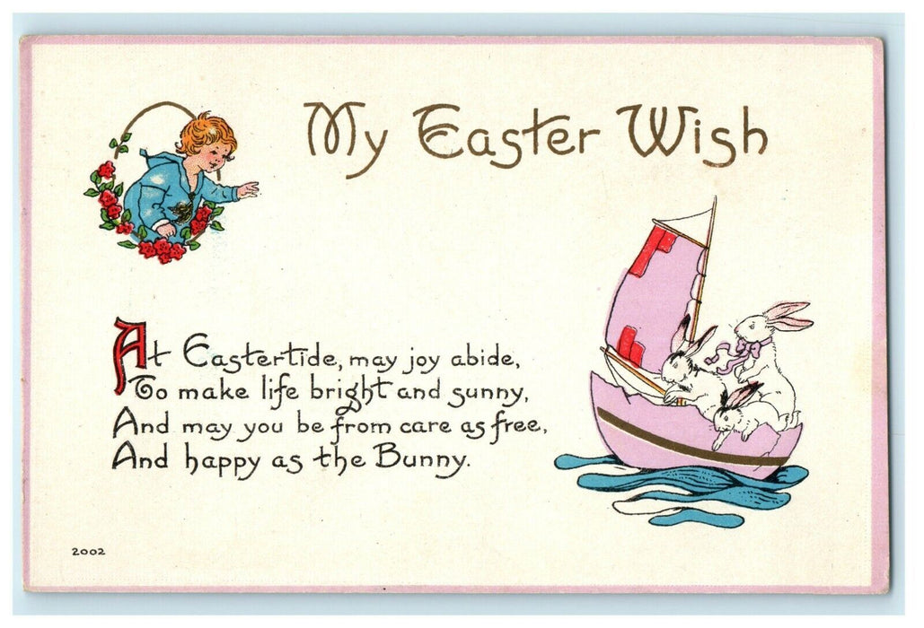 1915 Easter White Bunnies Family Sails Pink Egg Boat Crack Antique Postcard