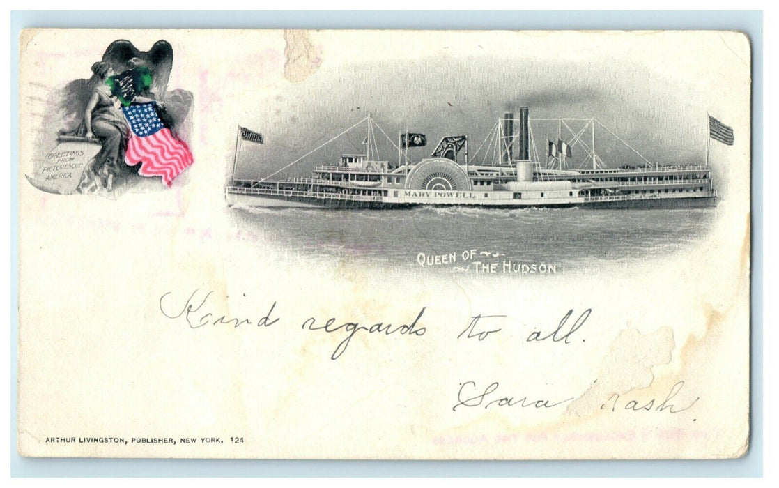 1902 Queen of the Hudson Steamer Boat Mary Powell PMC Posted Antique Postcard