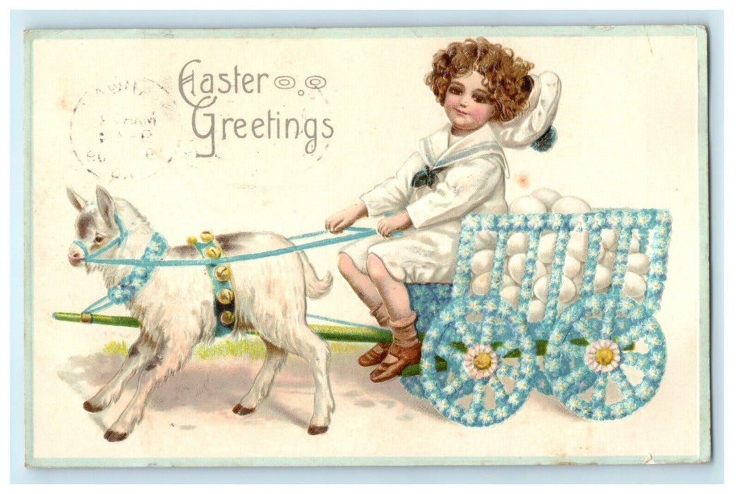 1909 Easter Greetings Boy Riding Sheep Carriage With Eggs Embossed Postcard