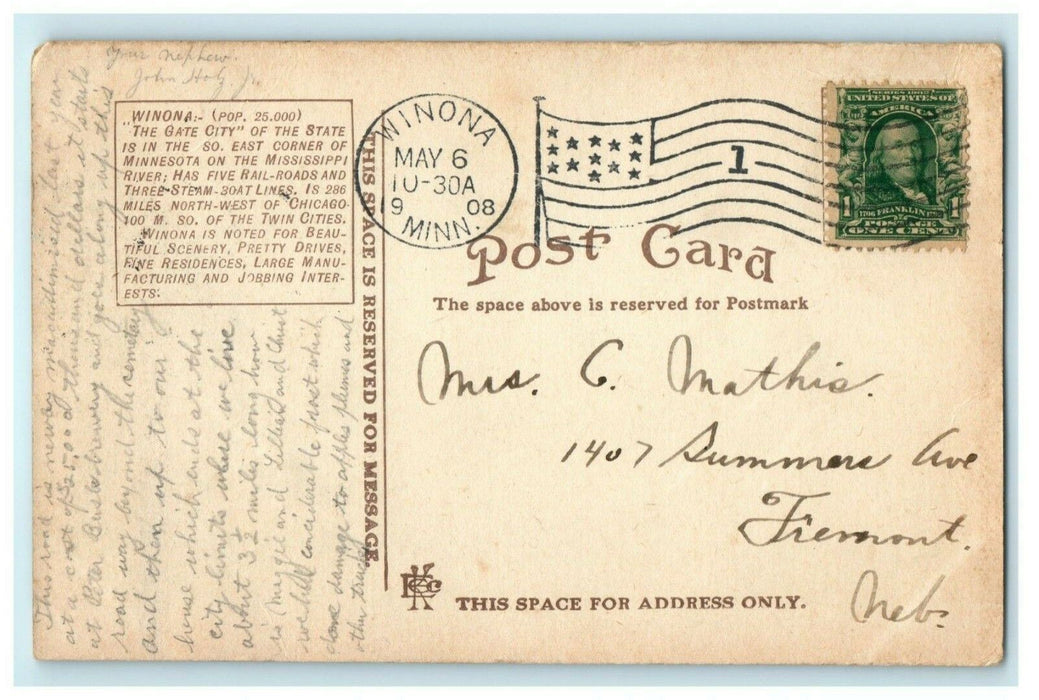 Historical Note - 1908 - Sugar Loaf Mountain Winona Minnesota Antique Postcard