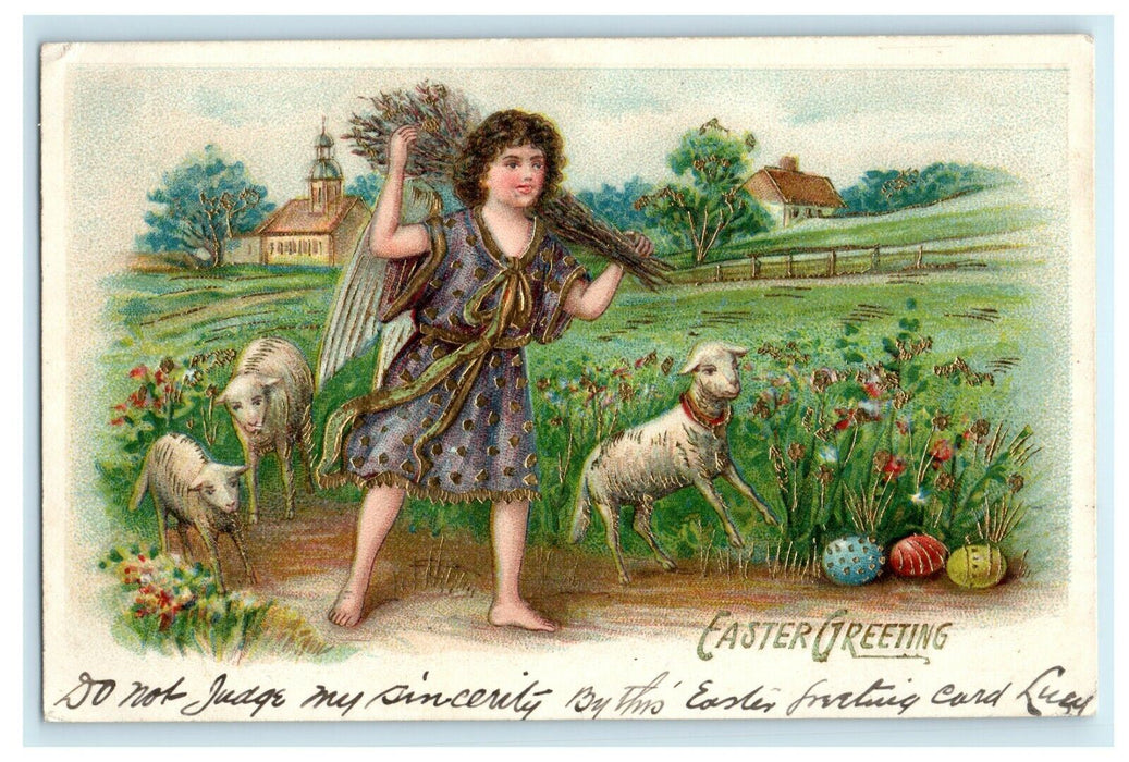 c1910 Easter Greetings Boy In Farm With Lambs Gold Gilt Eggs Embossed Postcard