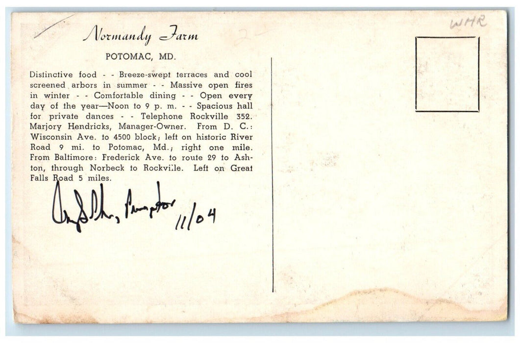 c1950 Normandy Farm Distinctive Terraces Restaurant  Potomac Maryland Postcard