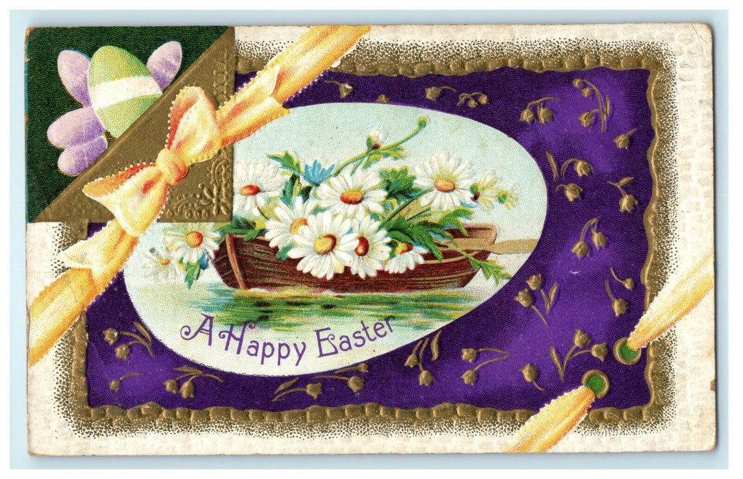 1912 Easter White Lily Flowers In Boat With Ribbon Embossed Antique Postcard