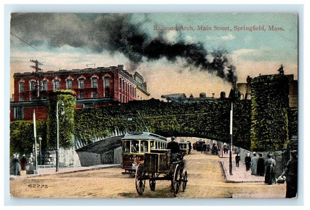 c1910 Railroad Arch Main Street Trolley Carriage Springfield MA Antique Postcard