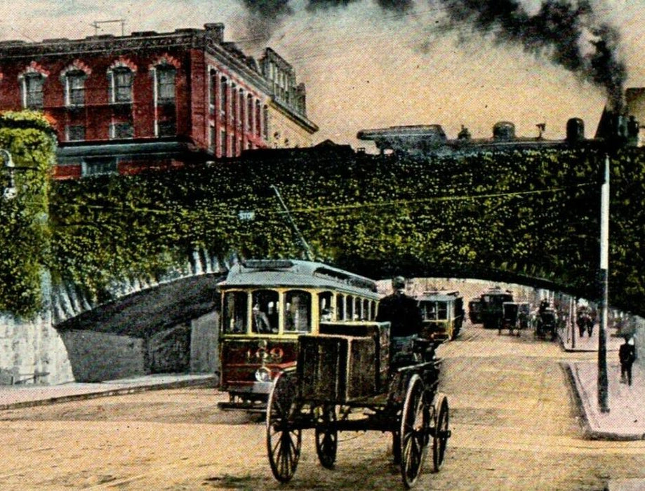 c1910 Railroad Arch Main Street Trolley Carriage Springfield MA Antique Postcard