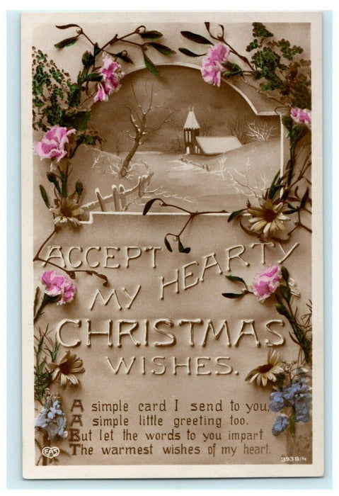 Christmas Wishes EAS 1912 Church Roses Glossy Vintage Antique Postcard