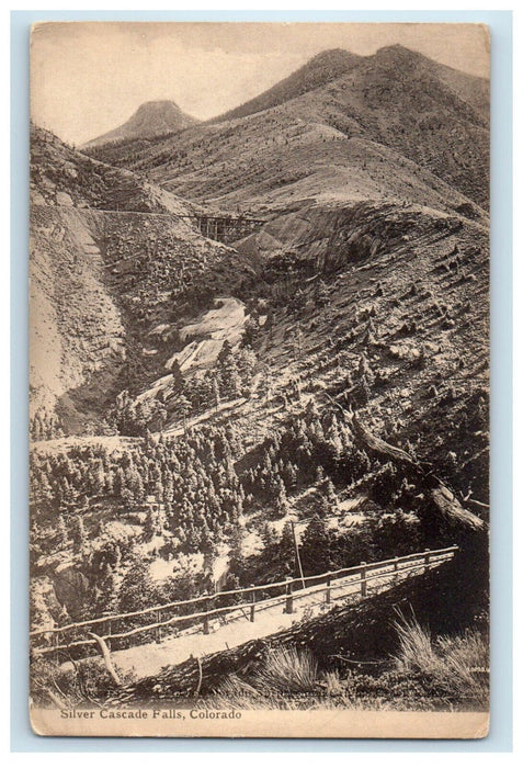 c1905 View Of Silver Cascade Falls Colorado CO, Bridge And Mountains Postcard