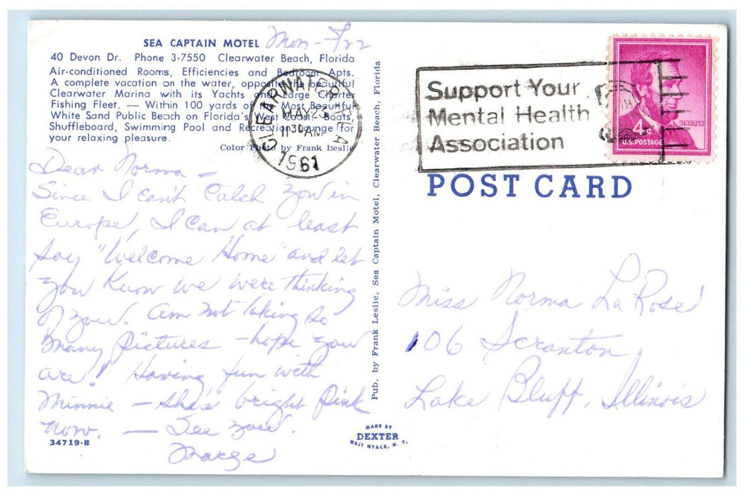 1961 Pool Scene at Sea Captain Model Clearwater Beach Florida FL Postcard