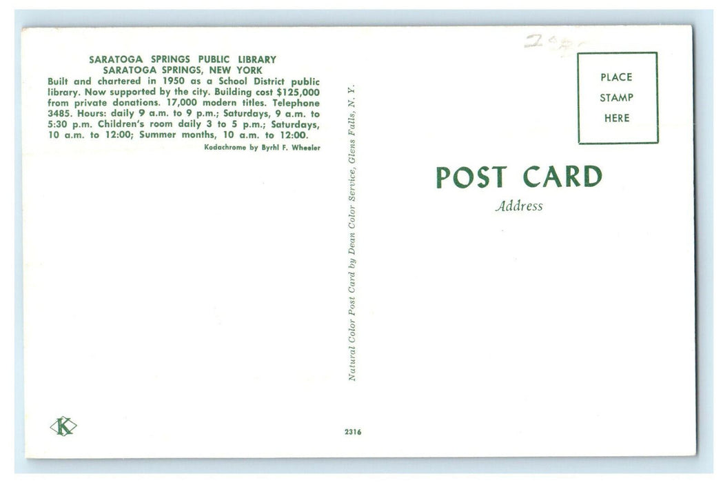 1950 Saratoga Springs Public Library, Saratoga Springs New York NY Postcard