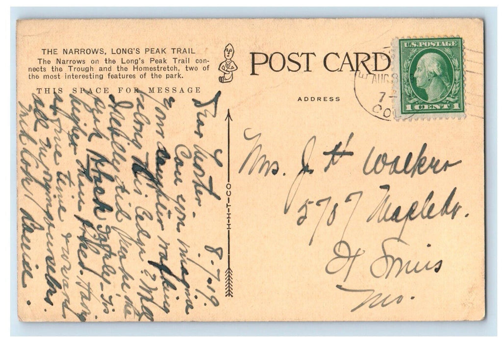 1919 The Narrows Long Peak Trail Estes Park Colorado CO Posted Antique Postcard