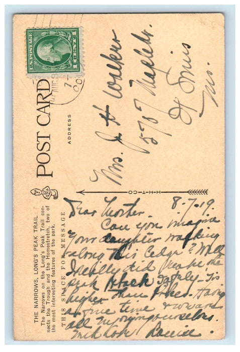 1919 The Narrows Long Peak Trail Estes Park Colorado CO Posted Antique Postcard