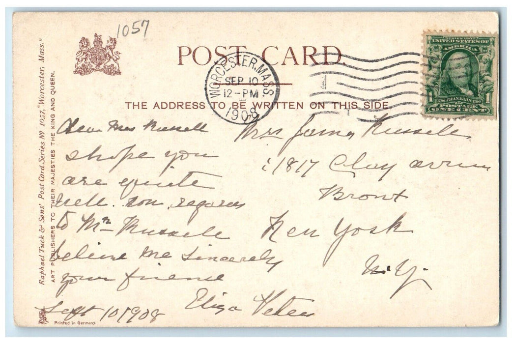 1908 Main Street From Front Street Worcester Massachusetts MA Antique Postcard