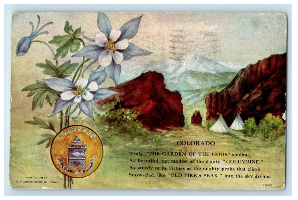 1910 Colorado CO, The Garden Of The Gods Old Pike's Peak Flowers Tepee Postcard
