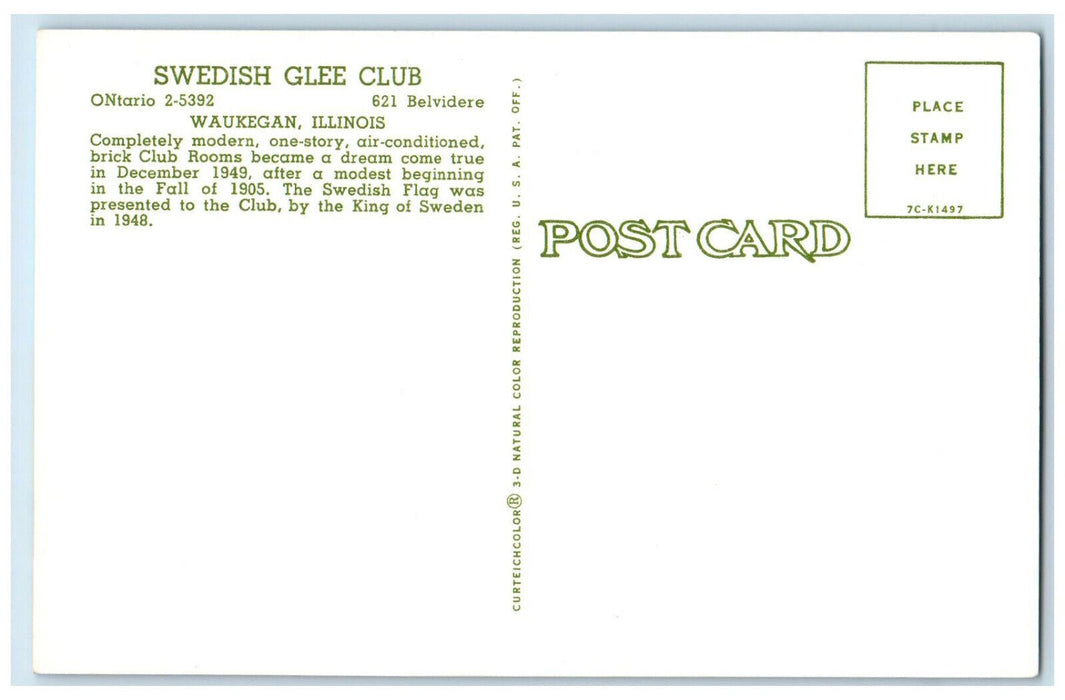 c1960's Swedish Flag, Swedish Glee Club, Waukegan Illinois IL Postcard