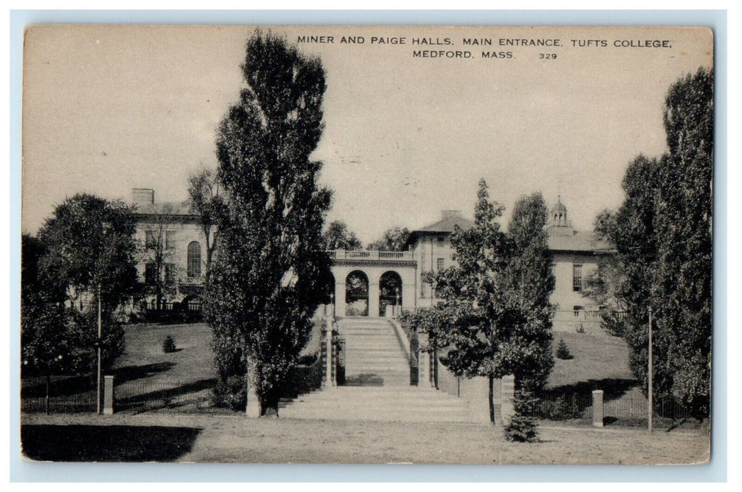 1939 Miner and Paige Halls Main Entrance Tufts College Medford MA Postcard