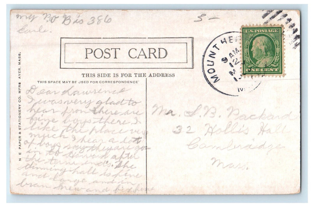 c1910 New Dining Hall, Mount Hermon Massachusetts MA Posted Postcard
