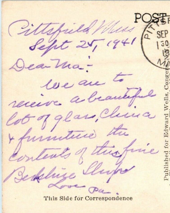 1941 The Huntington Lenox Road Antique Shop Pittsfield MA Advertising Postcard