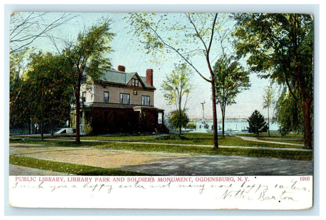 1914 Public Library Soldiers Monument Park Ogdensburg New York NY Postcard