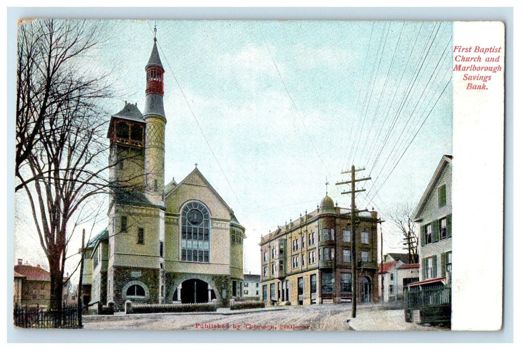 c1910 First Baptist Church and Marlborough Savings Bank MA Antique Postcard