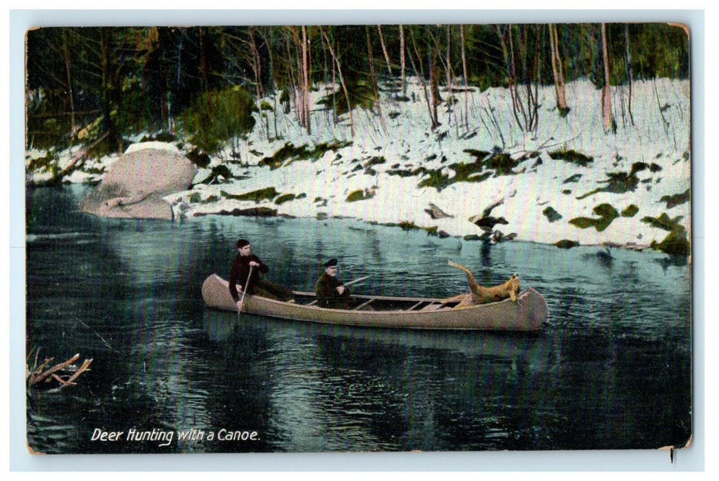 c1910 Two People Deer Hunting with a Canoe Unposted Antique Postcard