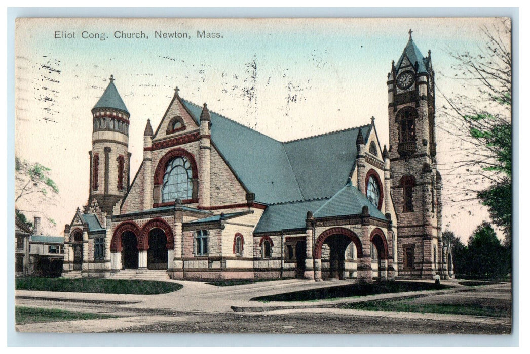 1908 Eliot Cong. Church Newton Massachusetts MA Posted Antique Postcard